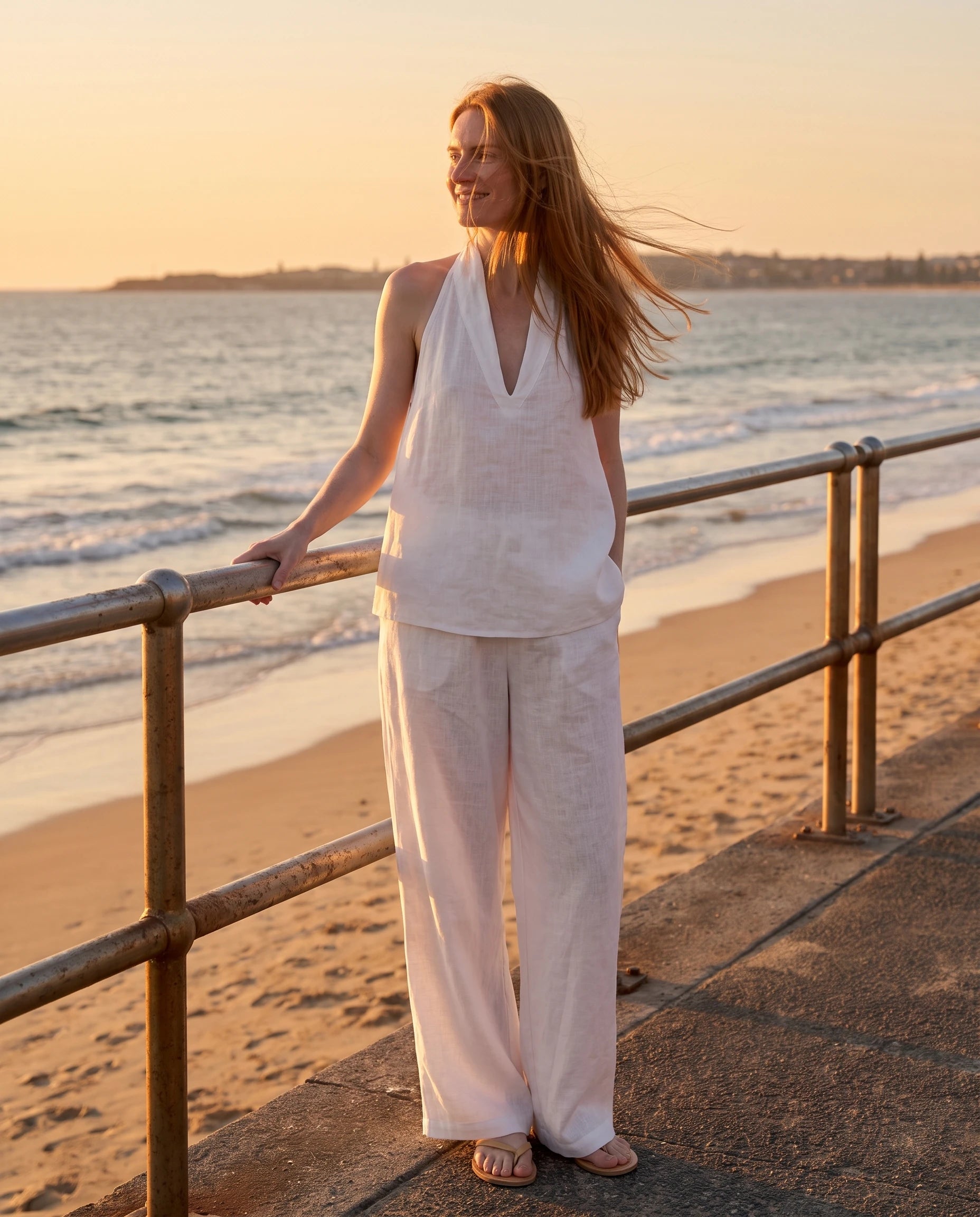 Ensemble top dos nu col V et pantalon large Ysaline — Blanc — portée, lifestyle 2