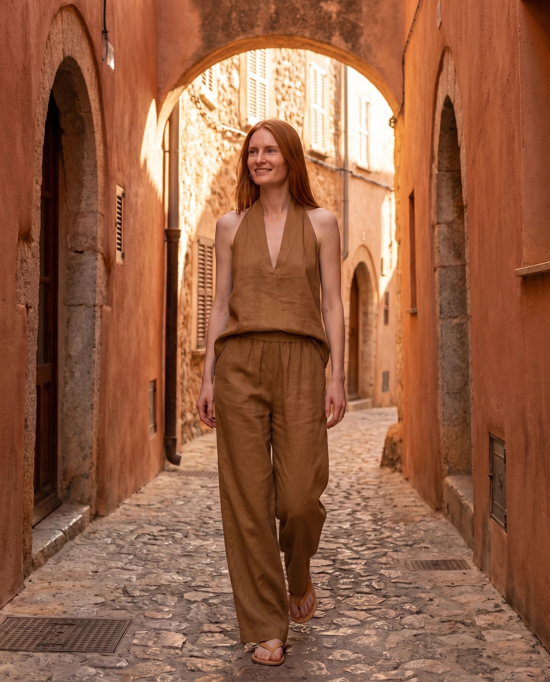 Ensemble top dos nu col V et pantalon large Ysaline — Camel — portée, lifestyle 2