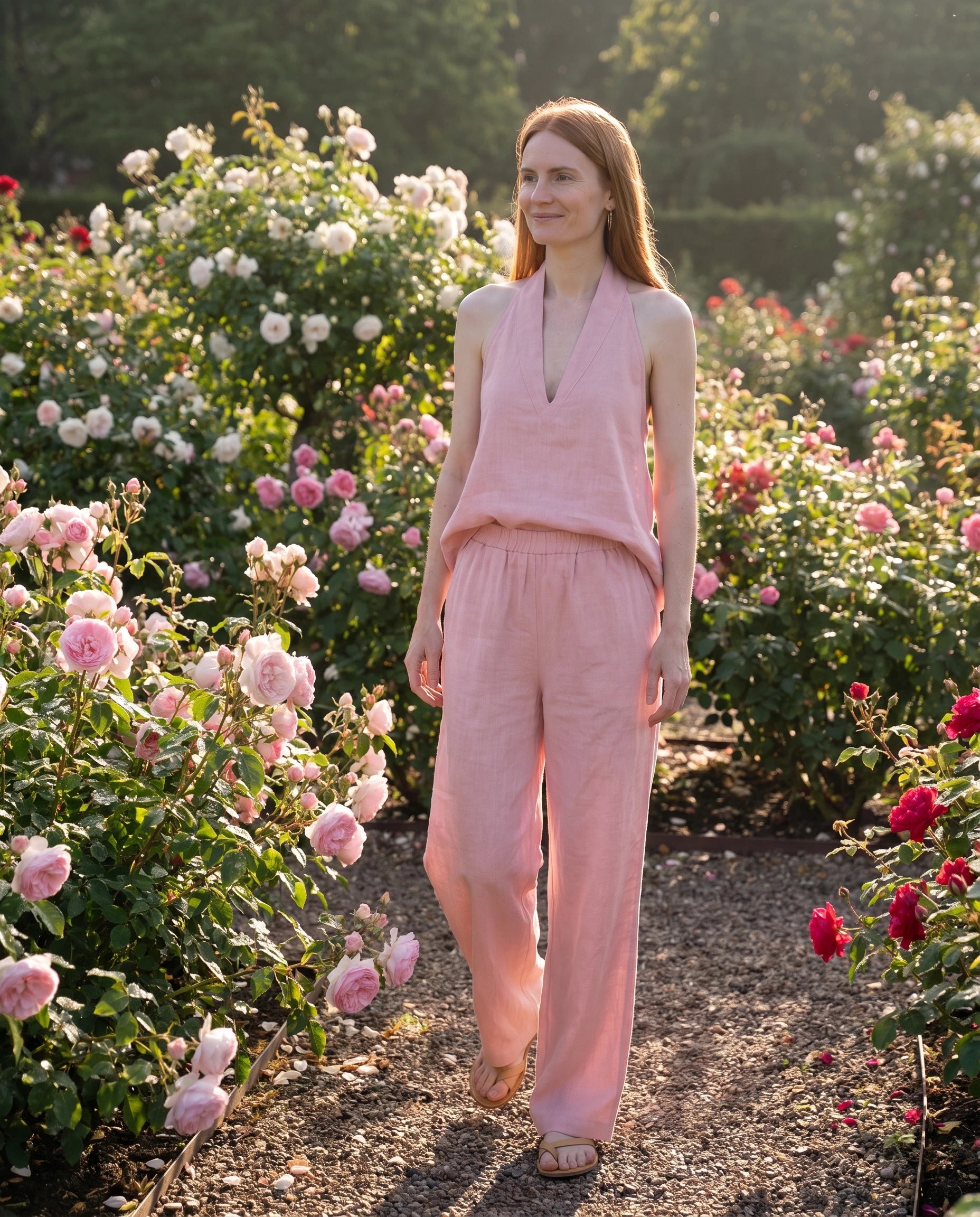 Ensemble top dos nu col V et pantalon large Ysaline — Rose Poudré — portée, lifestyle