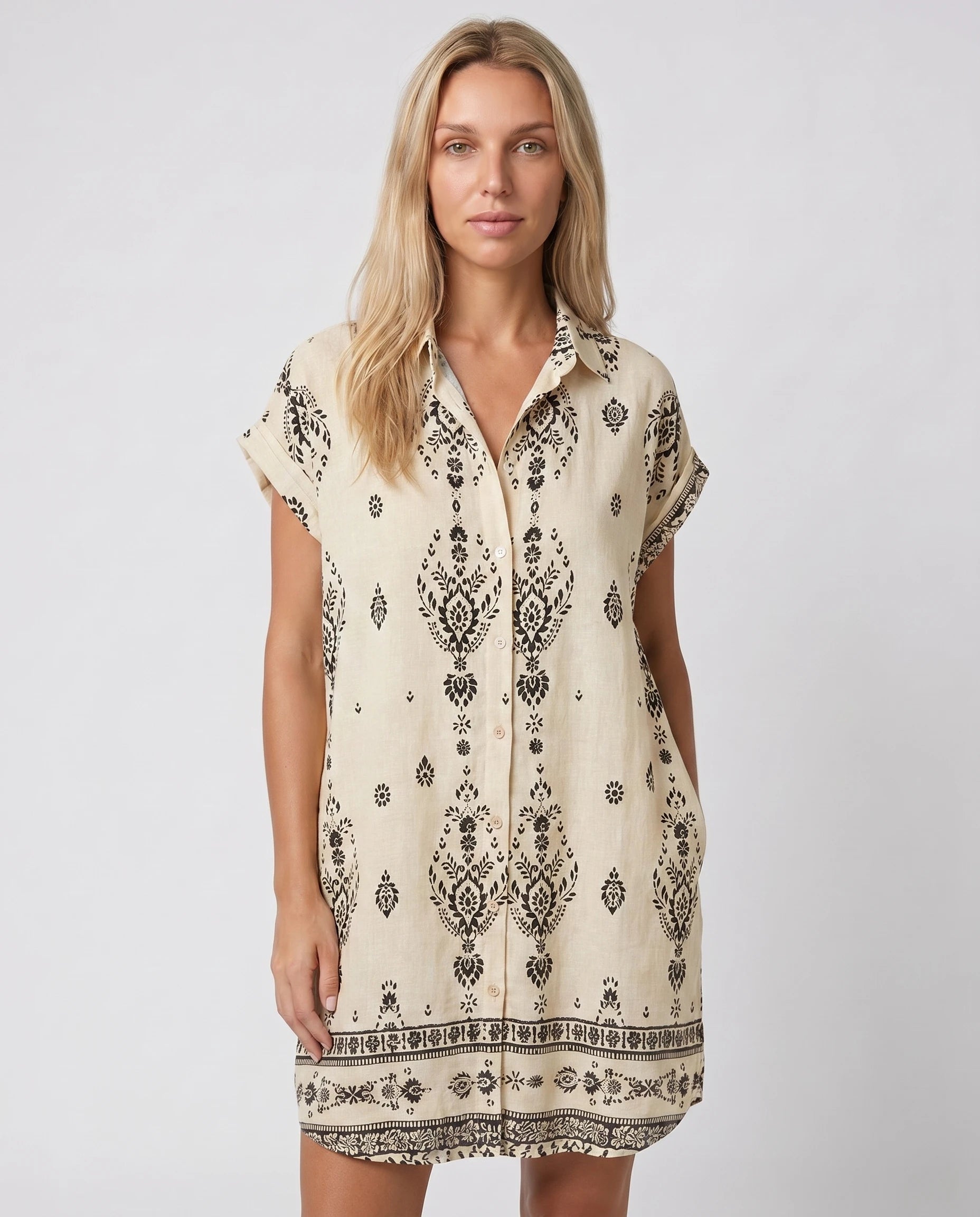 Robe chemise courte imprime boheme beige studio face