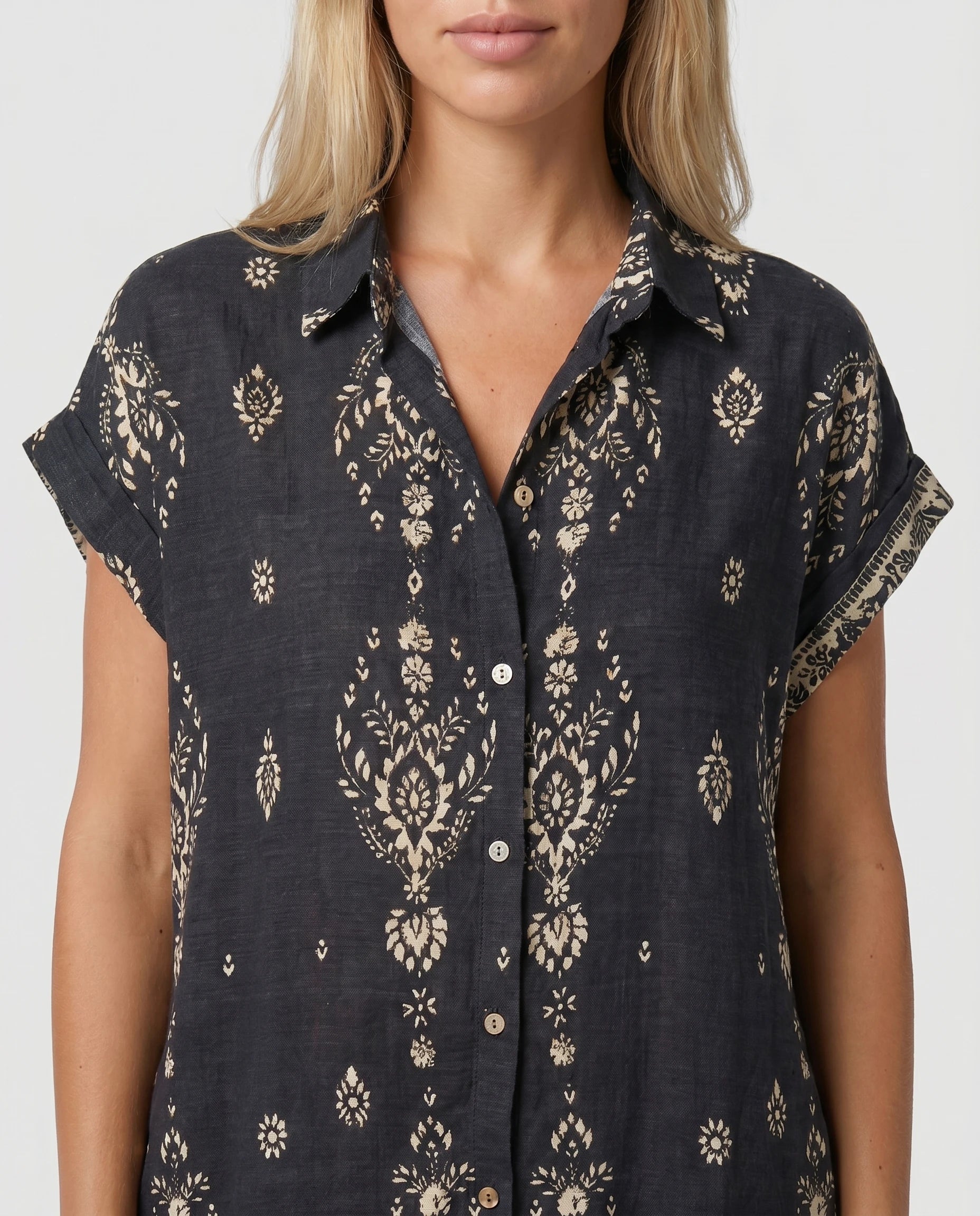 Robe chemise col boutonne manches courtes detail imprime noir