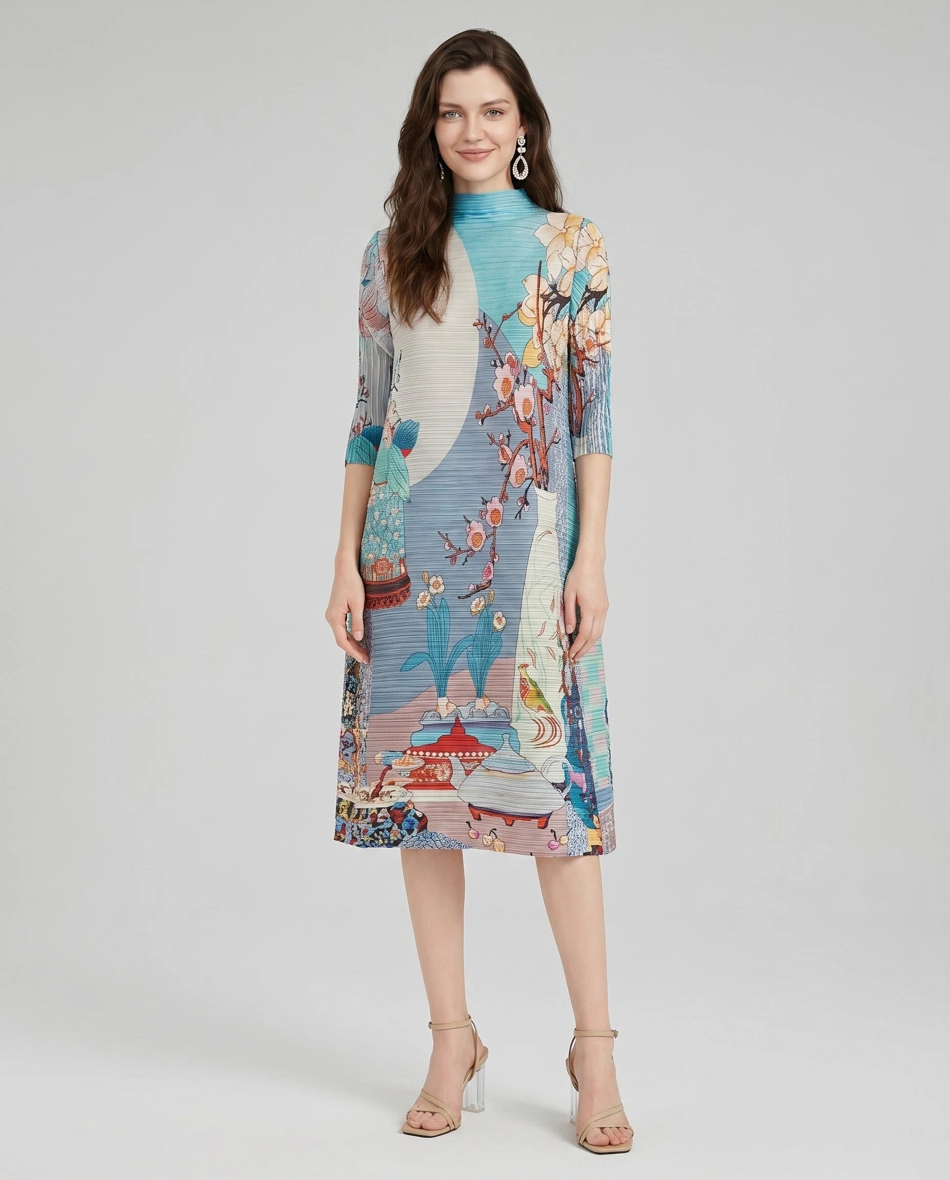 Robe midi plissée chinoiserie bleu turquoise Octavie - vue de face