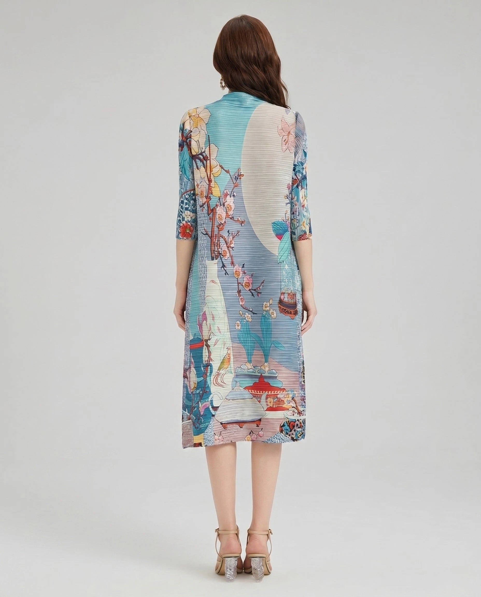 Robe midi plissée chinoiserie - vue de dos avec imprimé